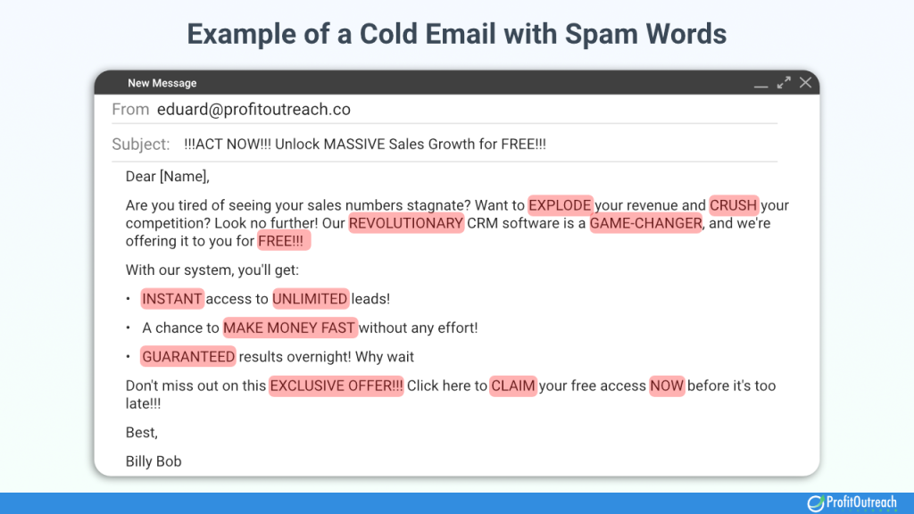 example of a cold email with a lot of spam words