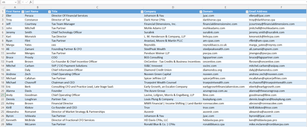 spreadsheet with prospects to clean-up before sending